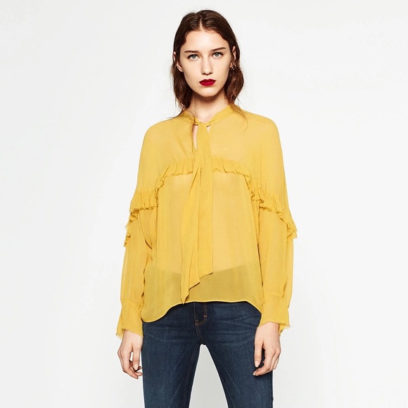 Zara Yellow Semi Sheer Frill Blouse - Picture 1 of 6